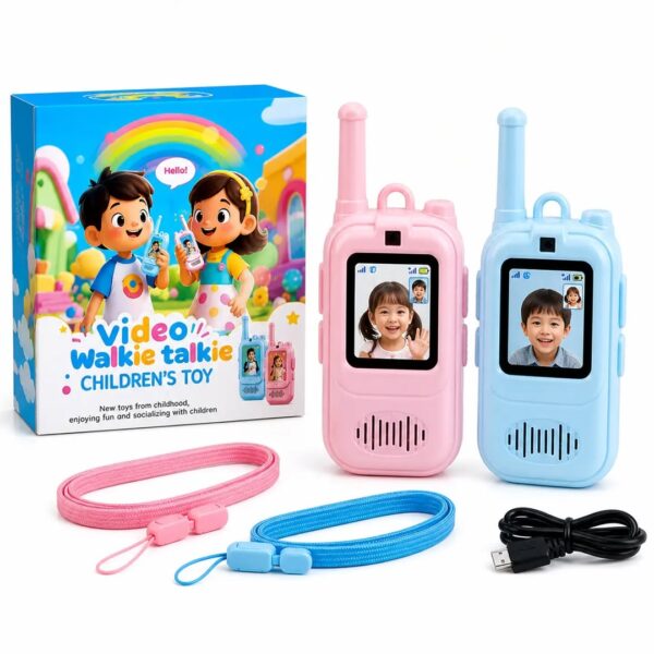 Video Walkie Talkie for Kids with Screen, 2 Way Communication Toy, Long Range Rechargeable Walkie Talkies Set with Strap, Fun Indoor Outdoor Gift for Boys & Girls