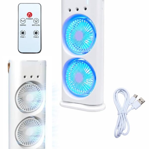 Portable Tower Fan Rechargeable with LED Light | Mini Dual Head Table Fan USB Charging High Speed Silent | Small Desktop Cooling Fan for Room Home Office Bedroom Kitchen Outdoor Camping Travel
