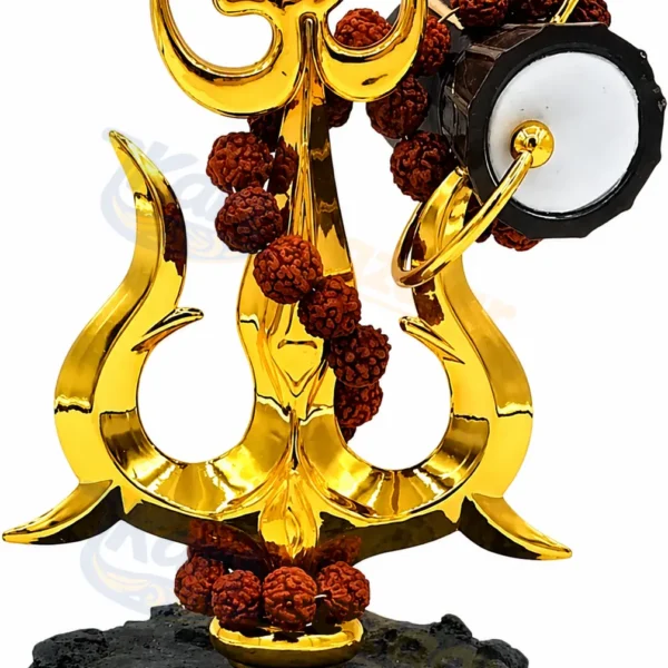 Om Trishul with Damru Rudraksha Idol for Car Dashboard - Lord Shiva Mahadev Gold Plated Statue Showpiece for Home Decor, Office Desk, Pooja Temple & Gift Items