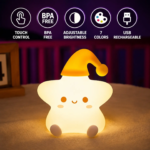 Kart Bazaar Star Night Light, Silicone Nursery Lamp for Baby Room, Rechargeable Touch Control LED Night Lamp, 7 Color Changing Dimmable Bedside Light, BPA Free Soft Home Decor Gift for Boys & Girls - Image 6