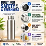 Kart Bazaar Stainless Steel Water Bottle 1 Litre | Leak Proof | BPA Free | Food Grade 304 Steel | Wide Mouth | 1000 ml Silver Water Bottle for Men Women Kids - Image 6