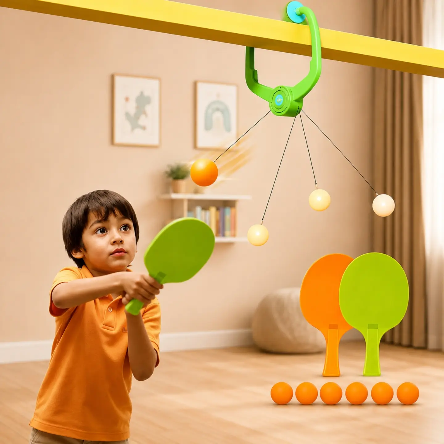2026/08/1000429044.png Doorframe Ping Pong Trainer Set for Kids | Indoor Table Tennis Paddle Game with 2 Paddles & 6 Balls | Hanging Swing Ball Toy | Adjustable Height | - Image 1