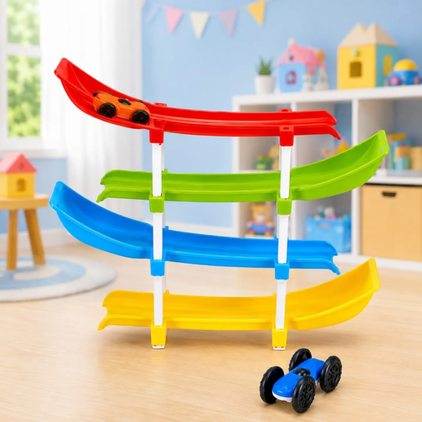 4-Level Ramp Racer Toy Car Track for Kids | Colorful Gravity Racing Track with 2 Mini Cars | Educational Montessori Toy