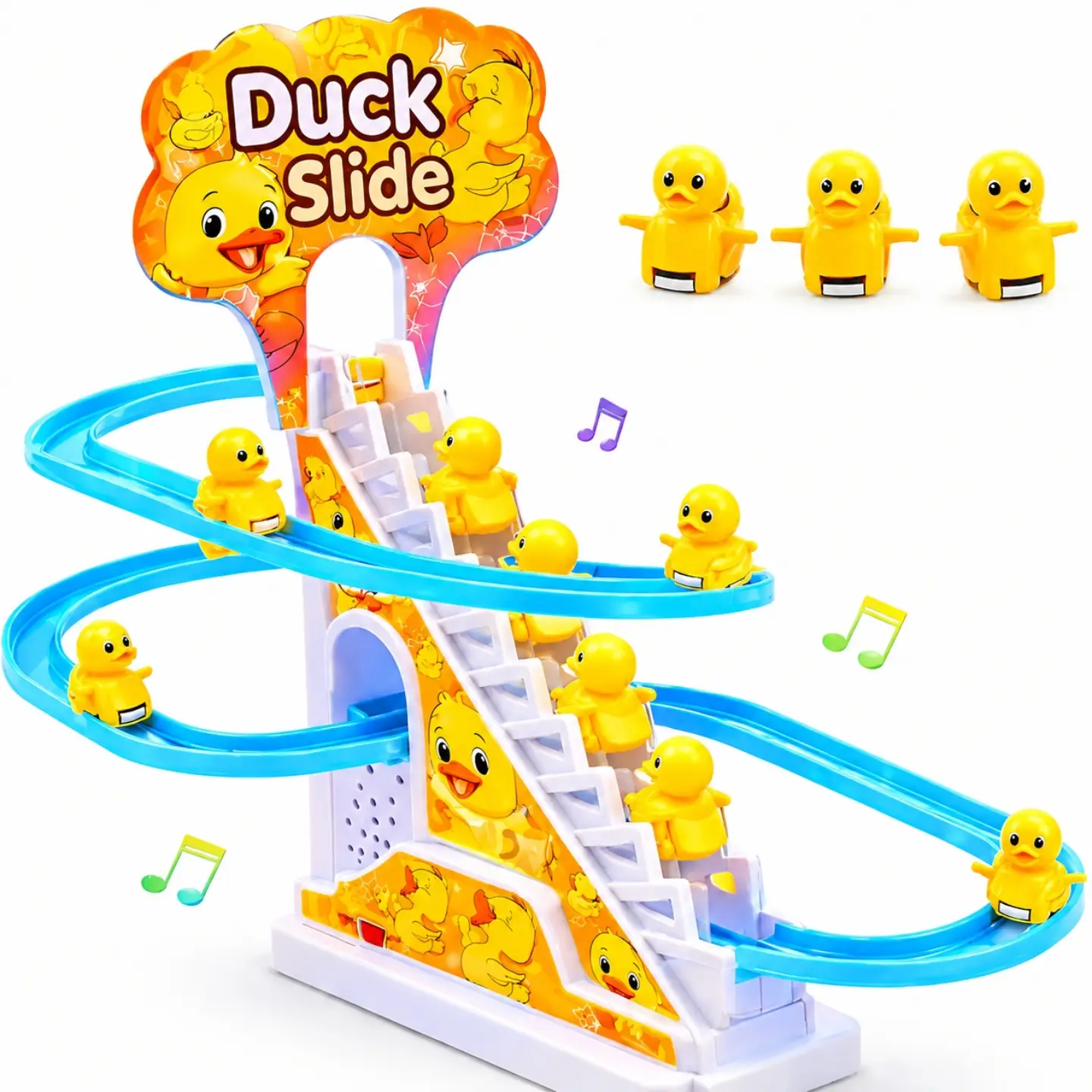 2026/08/1000433271.png Automatic Stair Climbing Duck Slide Toy with Music & LED Lights | Electric Duck Climbing Track Toy | Educational Toy for Toddlers - Image 1