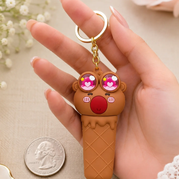 Cute Ice Cream Bear Keychain | Shake-to-Make Chu-Chu Sound Toy Keyring | Adorable 3D Silicone Pendant with Heart Eyes | Fun Gift for Kids, Girls & Friends