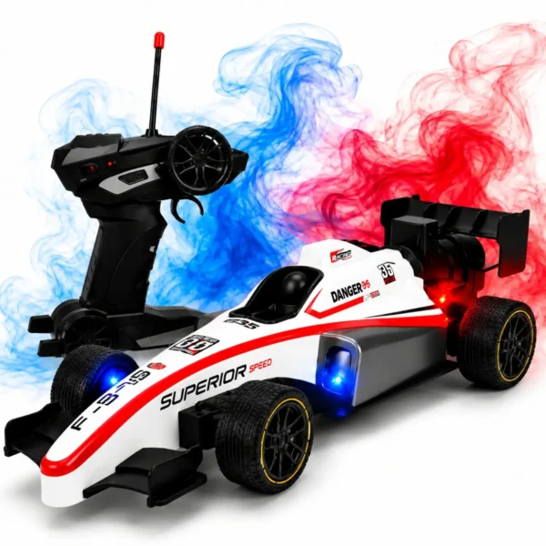 RC Formula Racing Car for Kids | Rechargeable Remote Control F1 Car with Mist Spray, LED Lights, USB Charging & Full Function Steering