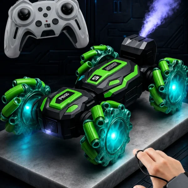 360° Gesture-Controlled Stunt RC Car | All-Terrain Remote Control Car with 360° Spinning, Sideways Driving, LED Lights, Music & Spray Effect | Rechargeable Toy Car for Kids